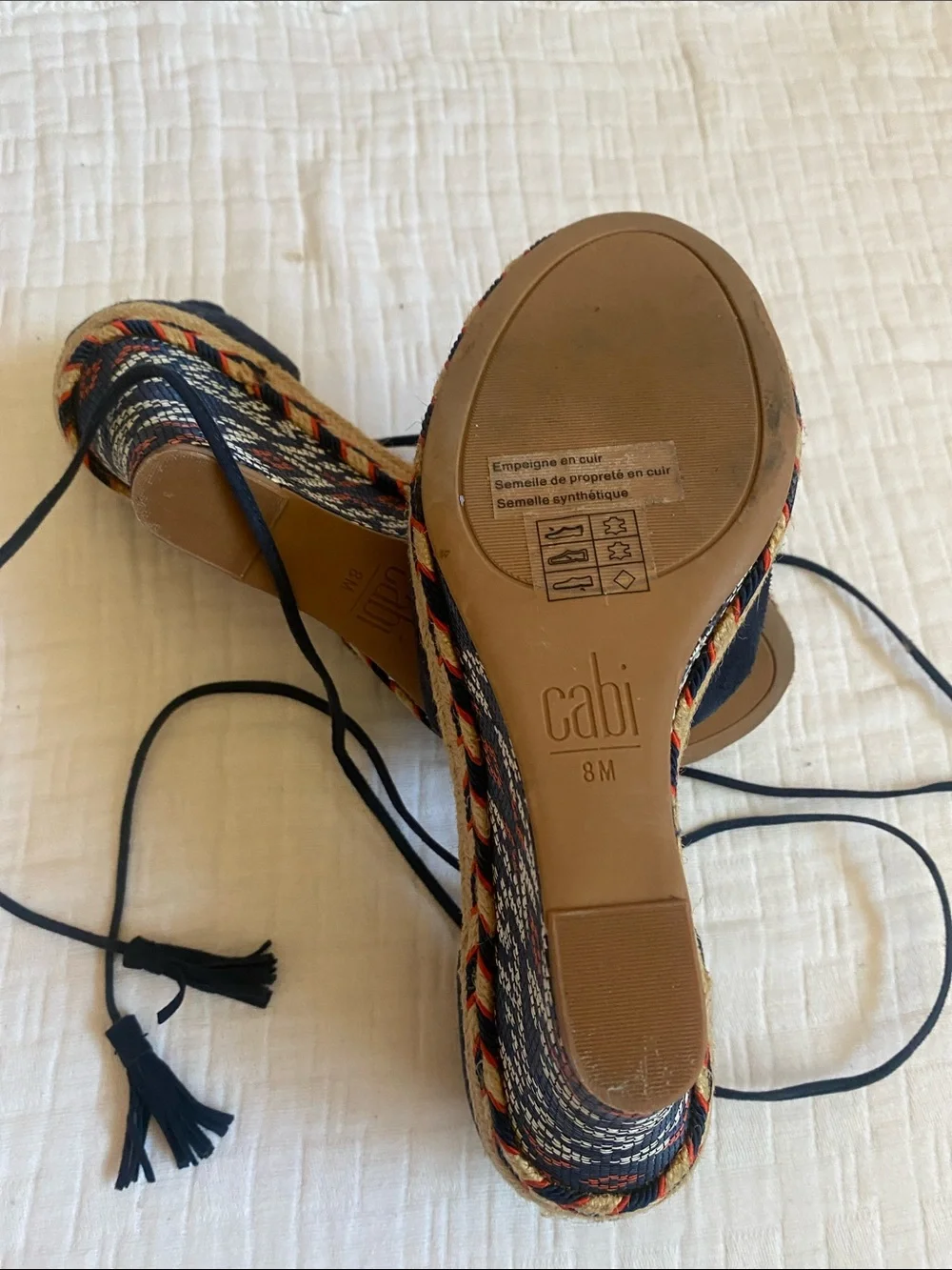 CAbi Navy Suede Lace-Up Wedge Espadrilles with Patterned Jute
